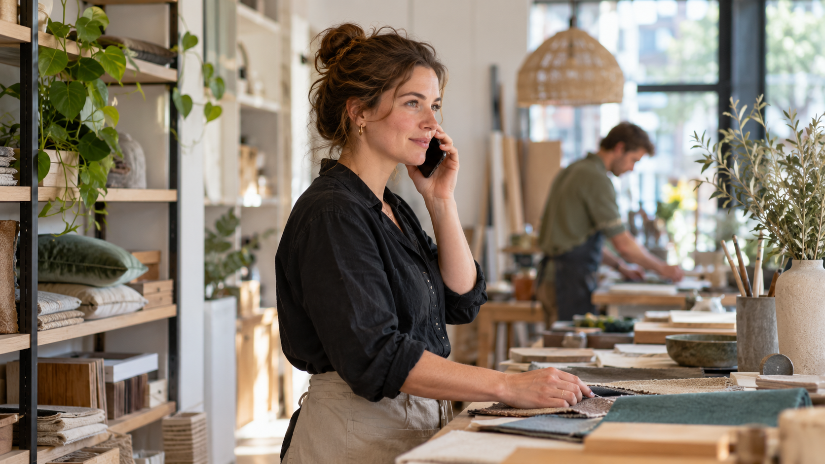 Medewerker in een lichte showroom neemt aandachtig een doorgeschakeld telefoongesprek aan.