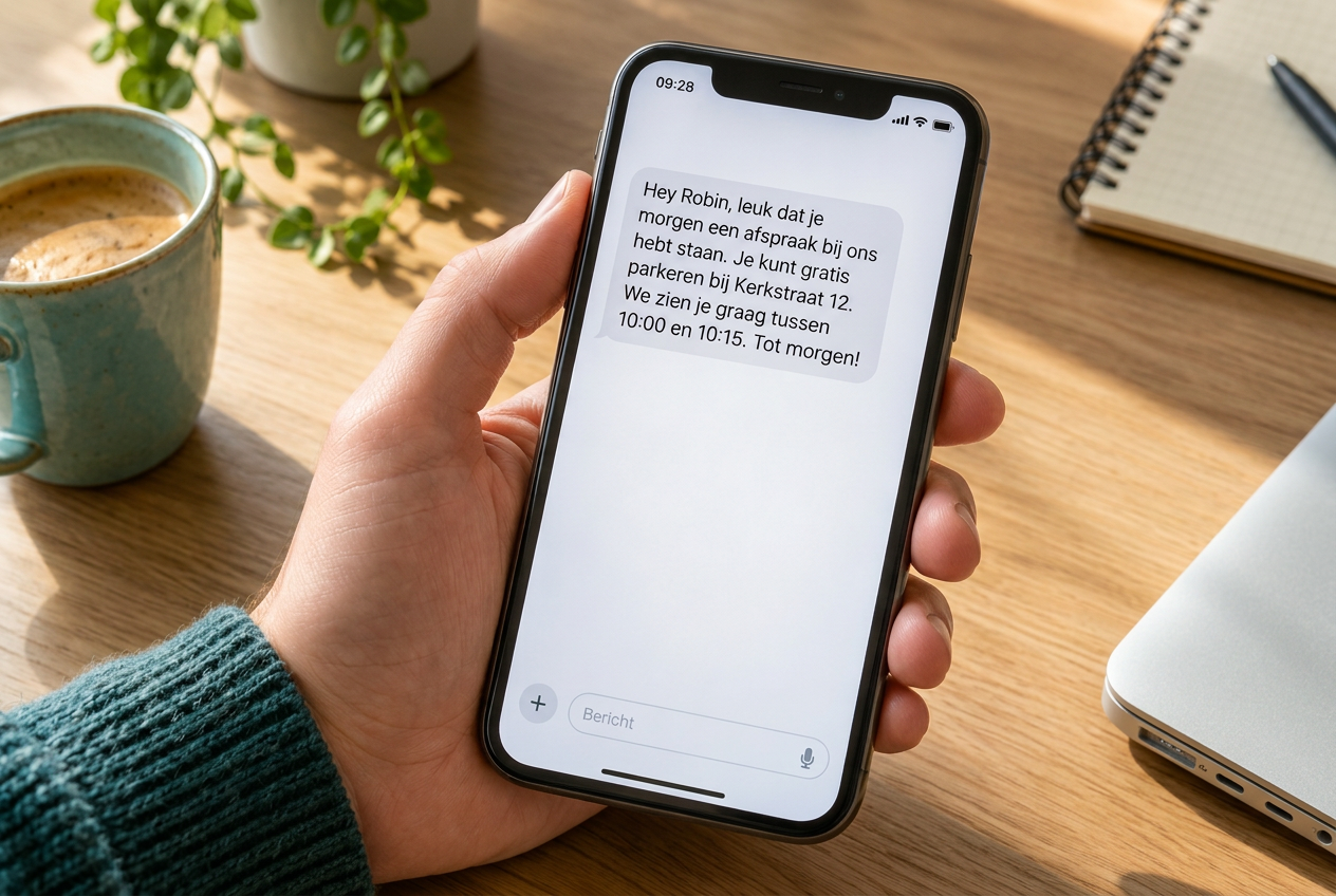 Bovenaanzicht van een hand met iPhone waarop een sms-herinnering voor een afspraak openstaat.